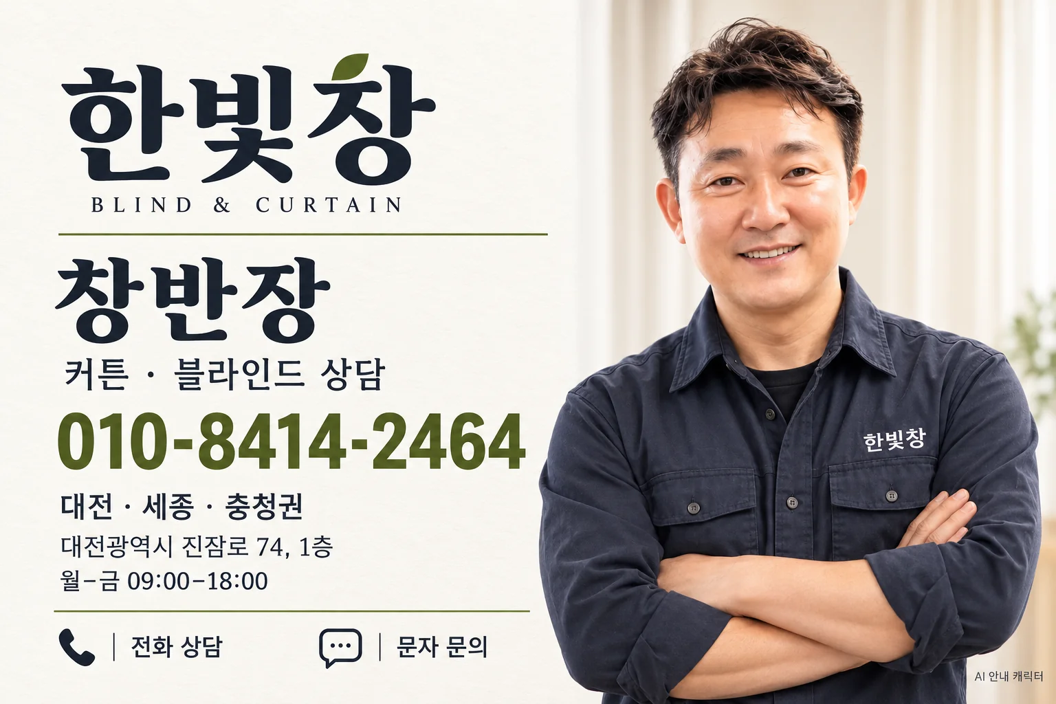 한빛창 창반장 상담 명함. 한빛창 유니폼을 입고 웃는 AI 안내 캐릭터. 커튼·블라인드 상담 010-8414-2464, 대전·세종·충청권, 대전광역시 진잠로 74, 1층, 월~금 09:00–18:00.